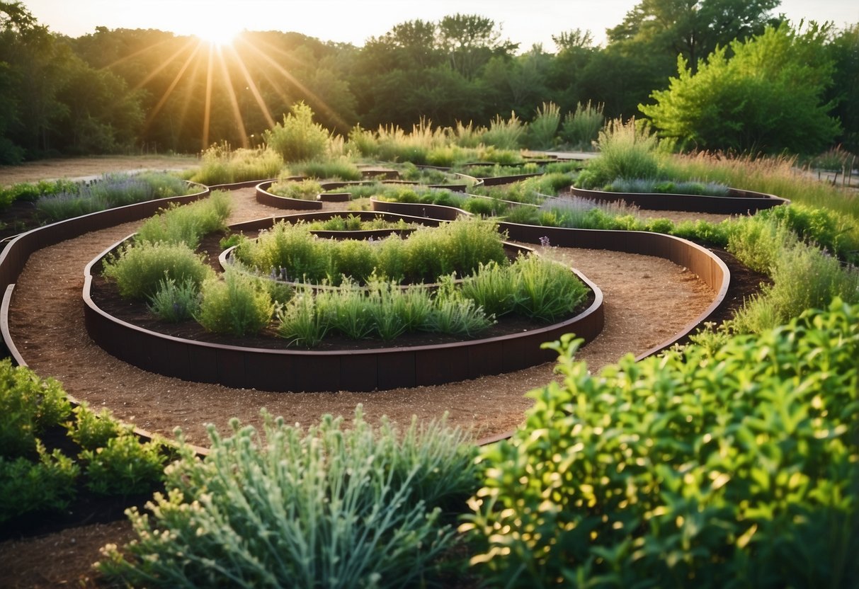 A spiral garden with herbs in Texas. Curving path of raised beds, featuring basil, rosemary, and thyme. Sunlight shines on the vibrant green plants