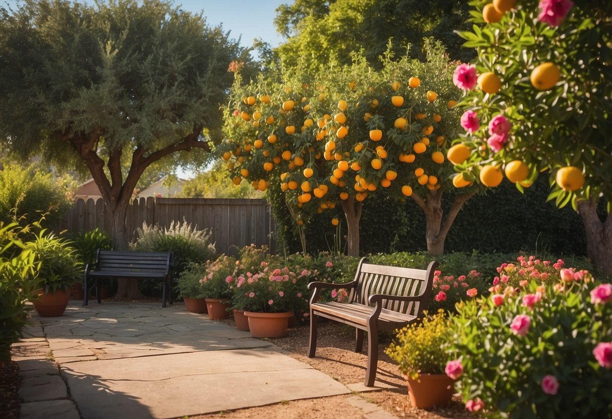 Lush fruit trees in a small Texas yard, surrounded by colorful flowers and neatly trimmed hedges. A cozy garden bench sits in the corner, inviting relaxation