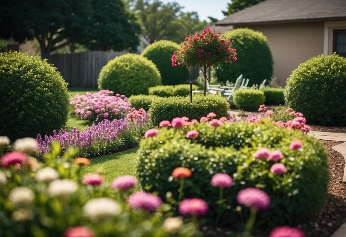 A lush garden with neatly trimmed hedges, colorful flowers, and a well-maintained lawn in a Texas backyard