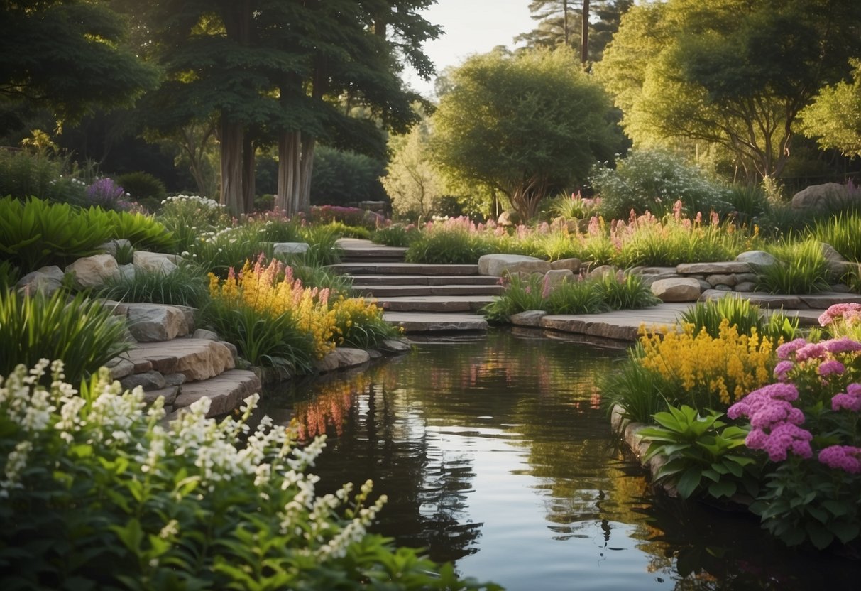 Lush garden with native plants, colorful flowers, and winding paths. A tranquil pond reflects the vibrant greenery. Tall trees provide shade and a serene atmosphere