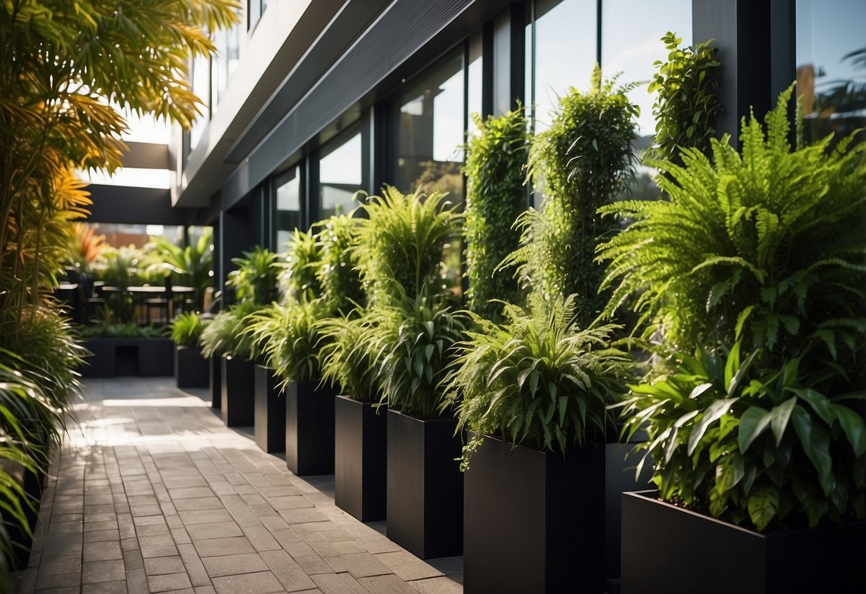 A lush vertical garden adorns a sunlit courtyard, with vibrant greenery cascading down the walls, creating a serene and beautiful oasis in the heart of Perth