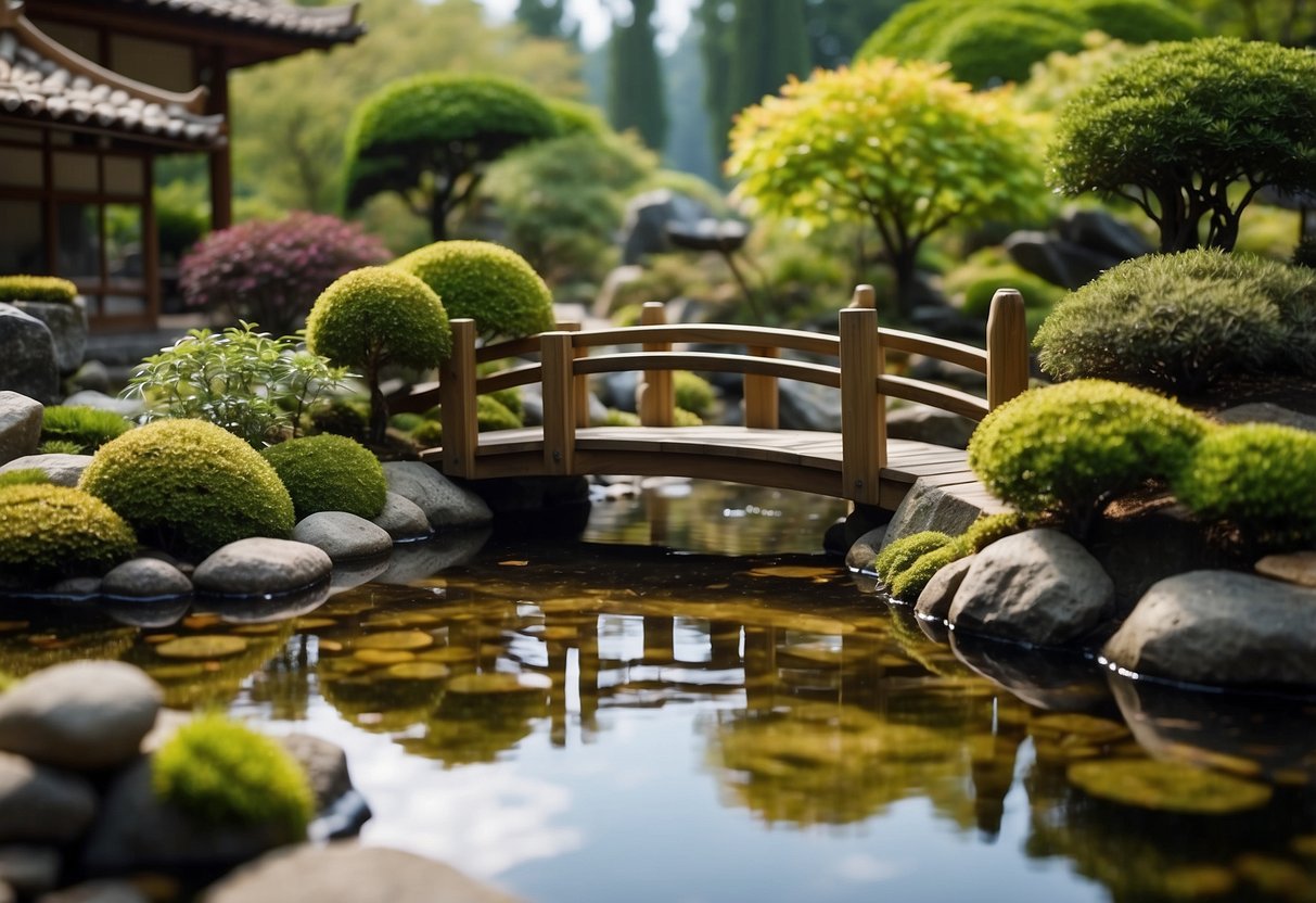 A tranquil Zen garden corner with raked gravel, moss-covered stones, and carefully pruned bonsai trees. A small wooden bridge crosses a serene koi pond, surrounded by lush greenery