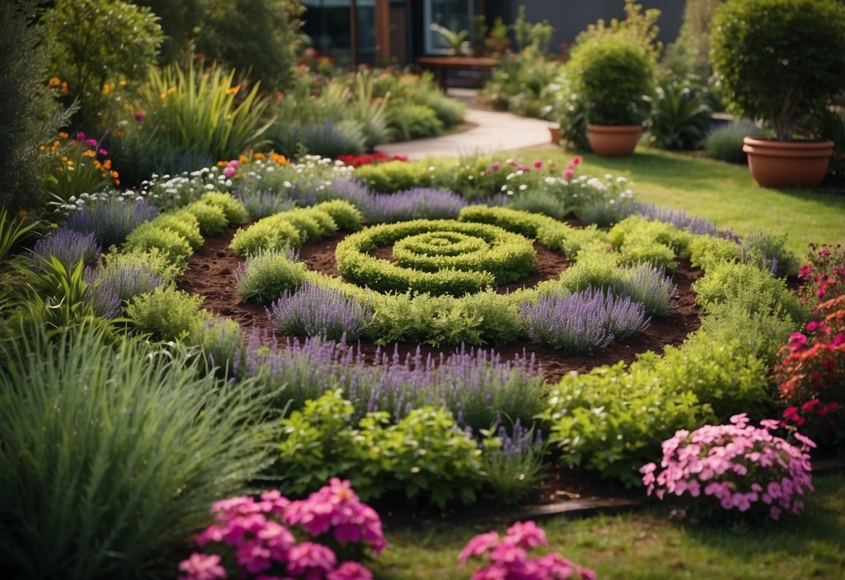 A spiral garden bed with lush herbs cascading down in a circular pattern, surrounded by vibrant flowers and foliage in a peaceful Perth garden