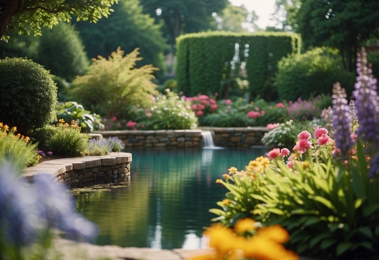 A serene garden with a tranquil water feature surrounded by lush greenery and colorful flowers