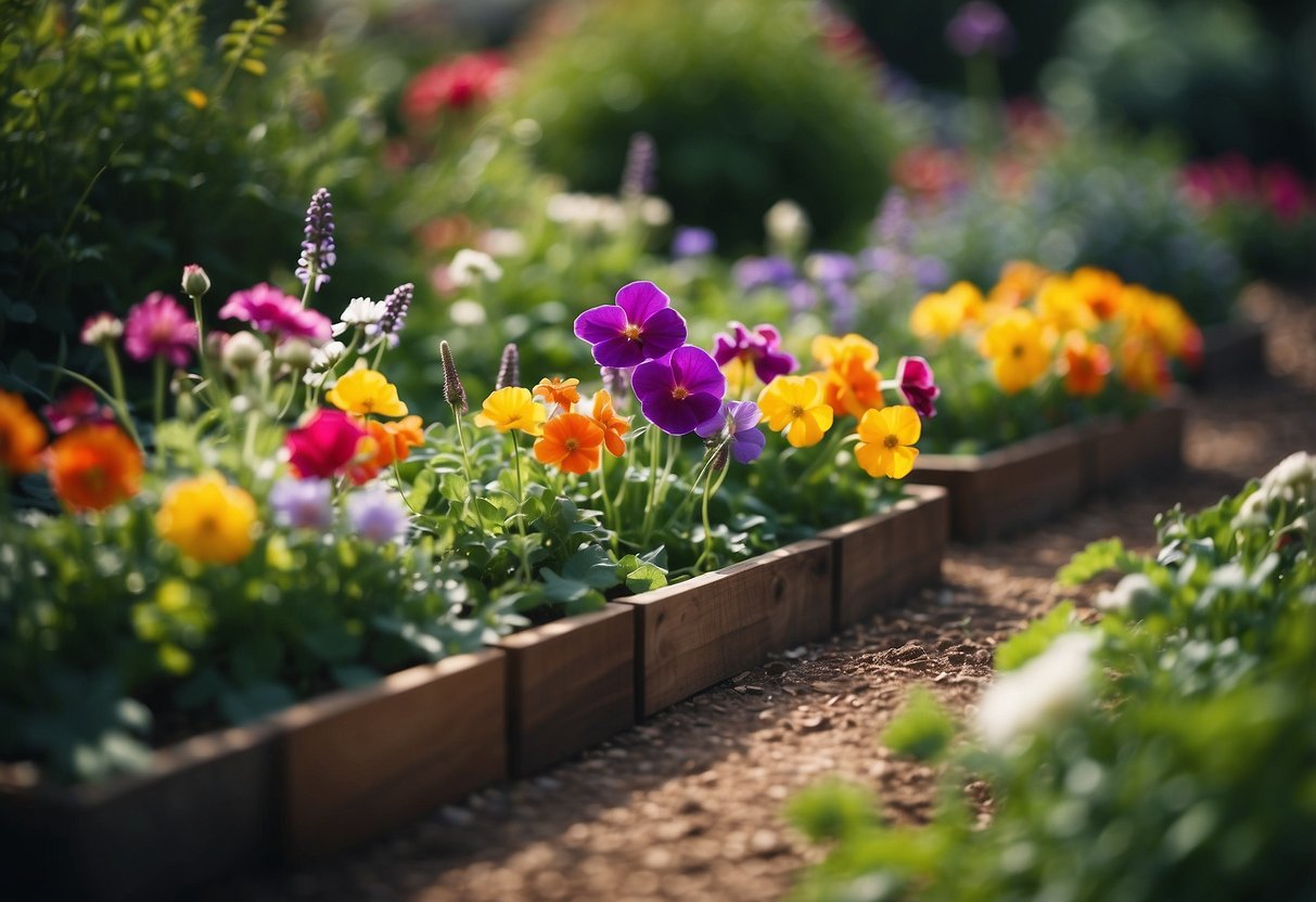 Lush garden with colorful edible flowers arranged in raised beds, surrounded by greenery and a path