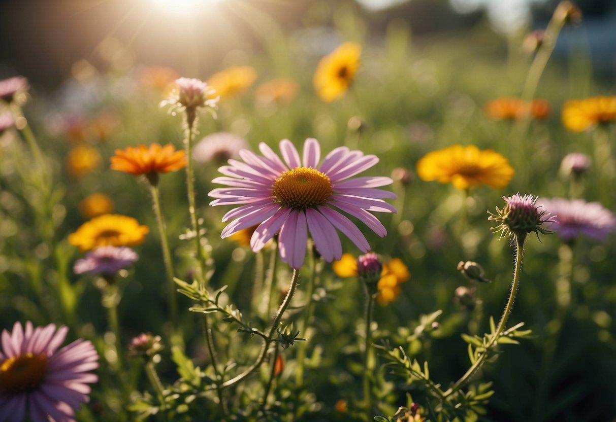 A colorful prairie patch with diverse flowers and plants, surrounded by a garden fence. The sun is shining, casting shadows on the vibrant scene