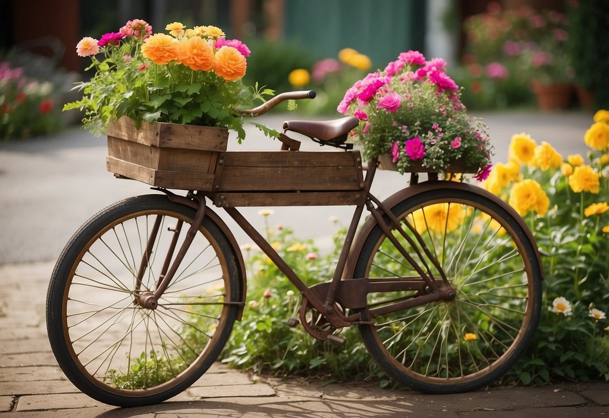 A rustic wooden planter overflowing with vibrant flowers sits atop a repurposed vintage bicycle, surrounded by whimsical upcycled garden decor