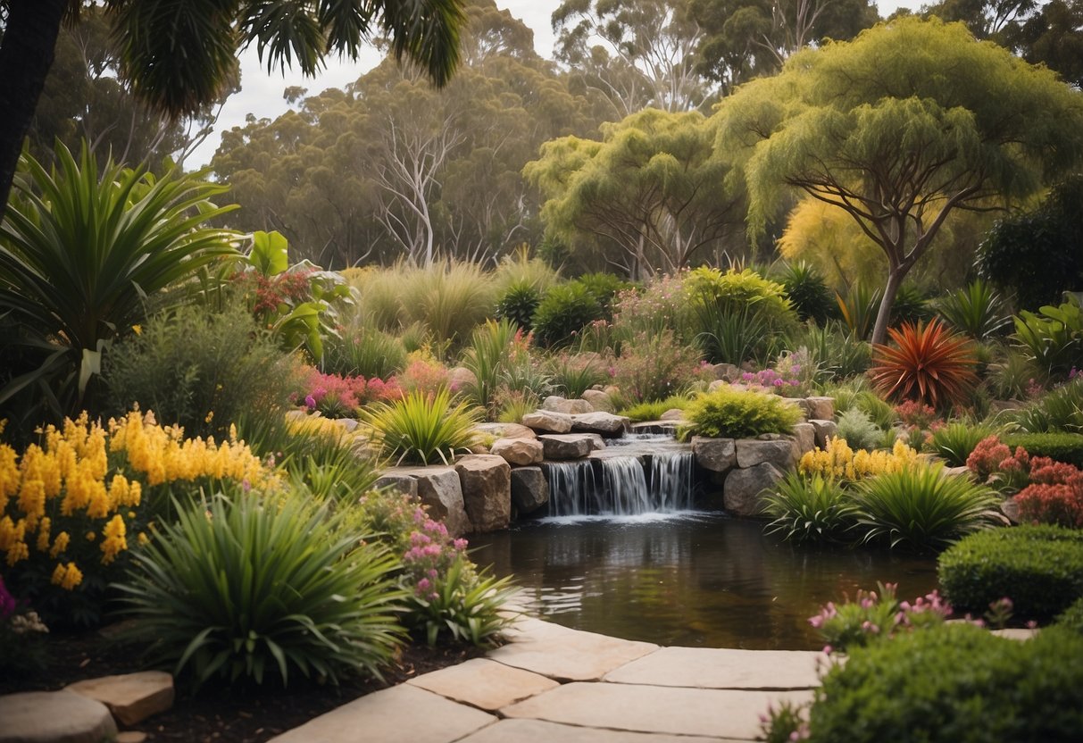 A lush garden in Perth, with vibrant flowers, native plants, and a small water feature, surrounded by tall trees and colorful birdlife