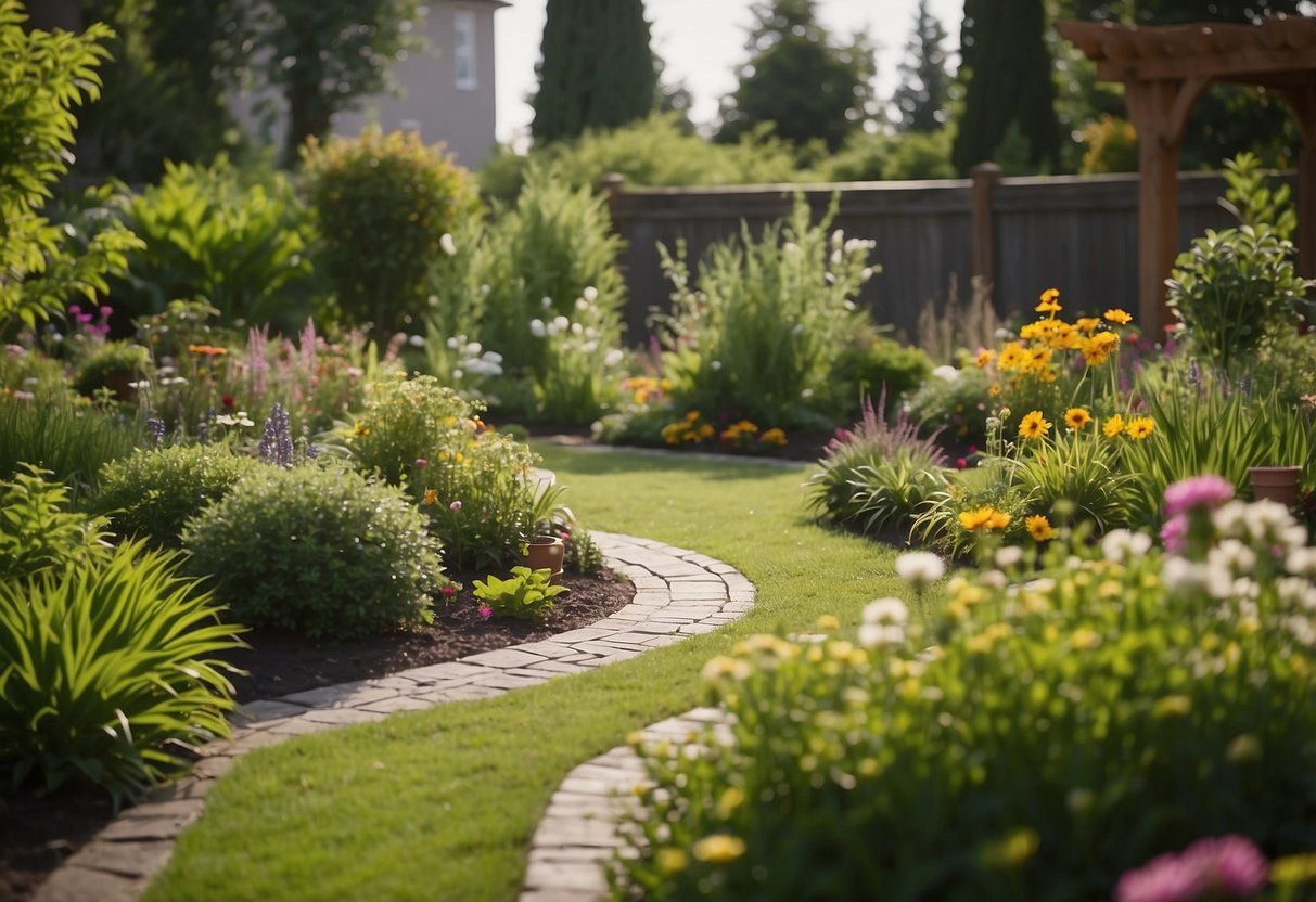 Lush green plants and colorful flowers fill the well-kept garden. A neatly trimmed lawn and carefully arranged garden beds create a peaceful and inviting outdoor space