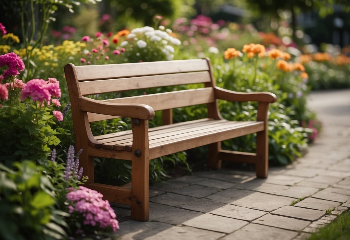 A wooden garden bench sits surrounded by vibrant flowers and lush greenery, creating a serene and inviting atmosphere