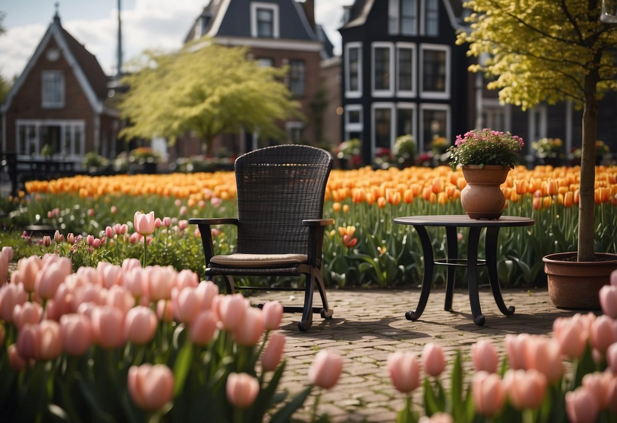 A traditional Amsterdamsche chair sits in a Dutch garden surrounded by blooming tulips and a quaint windmill in the background