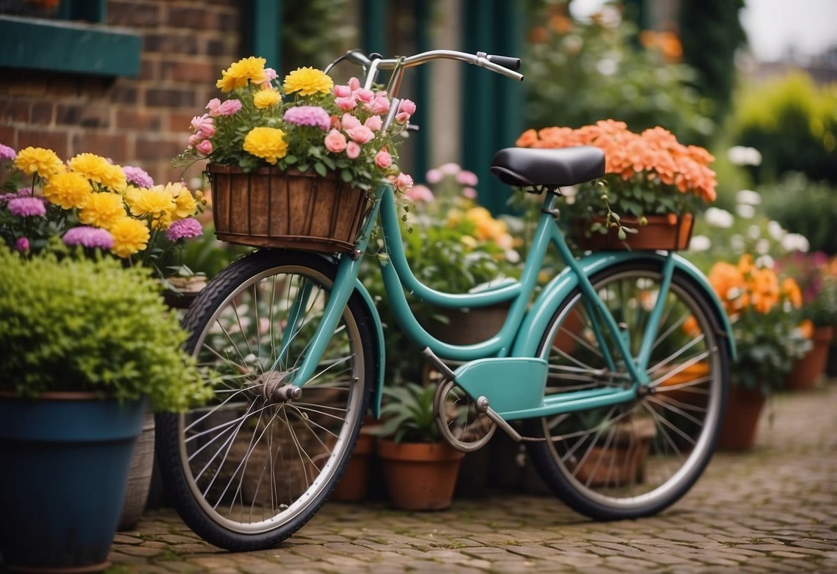 A vintage bicycle turned into a plant stand, adorned with colorful flowers, nestled in a charming Dutch garden