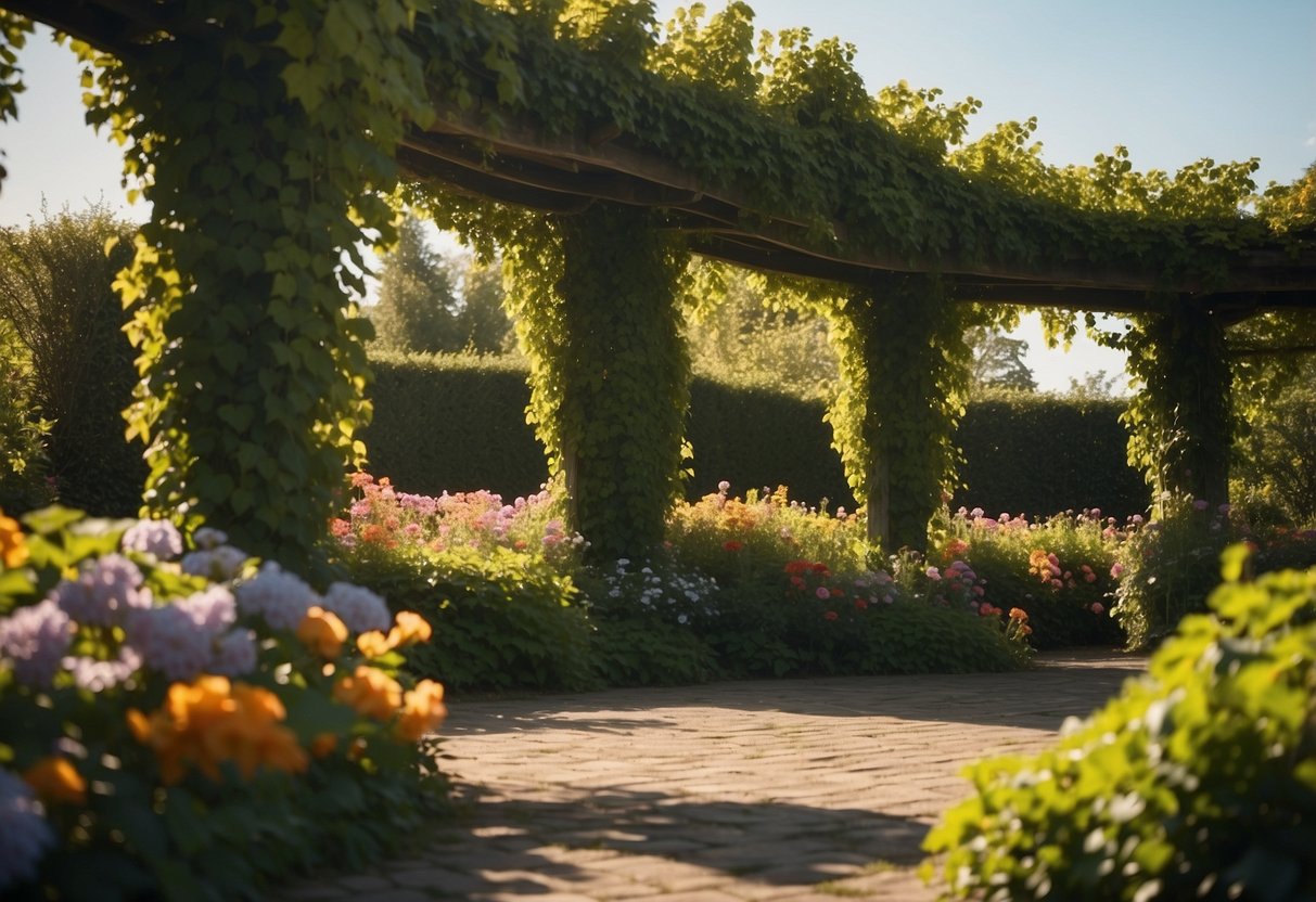 An ivy-covered pergola stands in a Dutch garden, surrounded by colorful flowers and neatly trimmed hedges. The sunlight filters through the leaves, casting dappled shadows on the ground