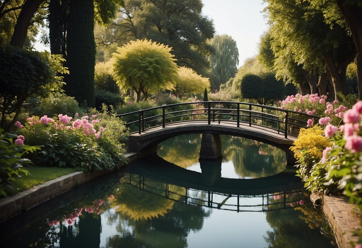 A serene canal winds through a lush garden, reflecting the vibrant flowers and elegant arching bridges