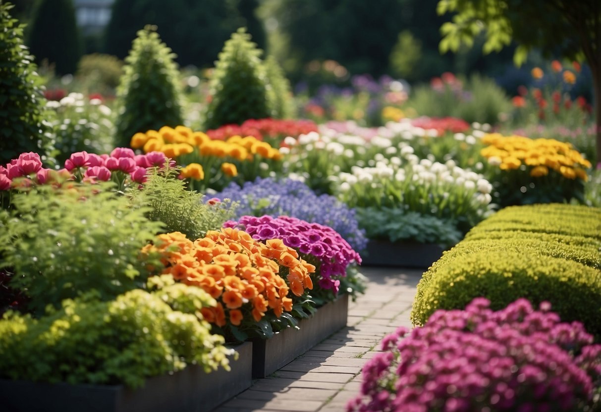 A variety of colorful flowers and lush greenery arranged in neat rows in a well-maintained Dutch garden