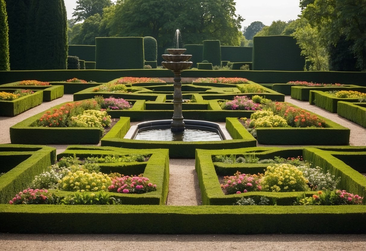 Lush green hedges form geometric patterns around vibrant flower beds in a Dutch garden. A central fountain adds a focal point to the symmetrical layout