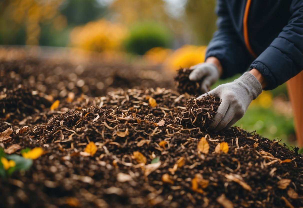 A person spreads mulch around garden plants to control weeds in the autumn