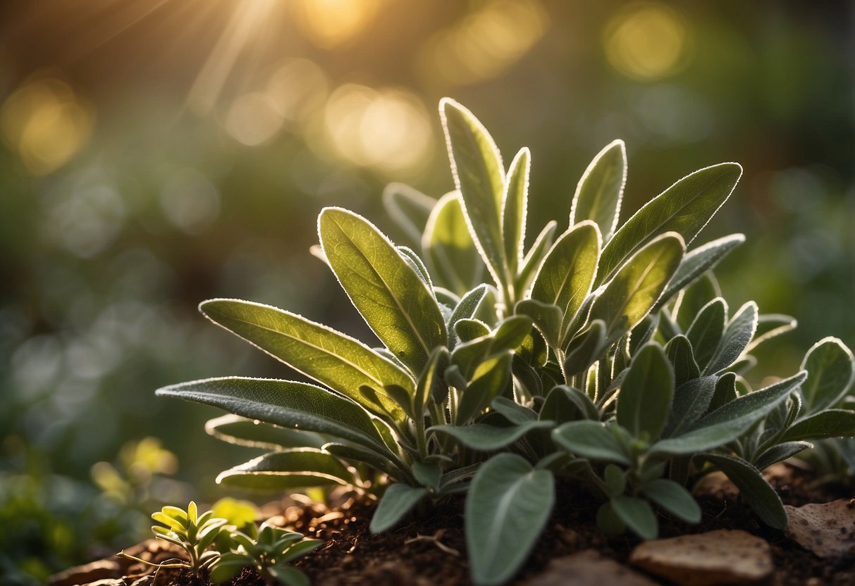 Sage plant grows in a rustic garden, surrounded by other fresh herbs. The autumn sun casts a warm glow on the vibrant green leaves