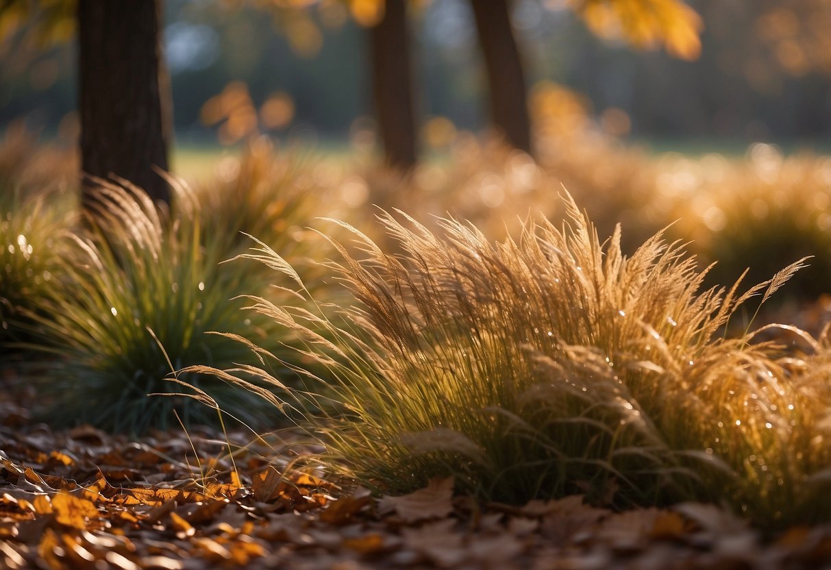 A garden filled with tall, swaying ornamental grasses in shades of gold, red, and brown. Fallen leaves cover the ground, creating a cozy autumn atmosphere