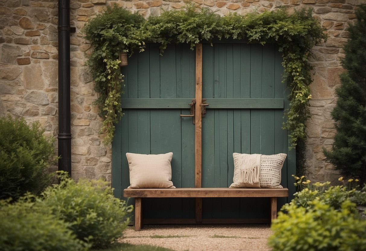 An antique door transformed into a headboard bench sits among old furniture in a garden, inspiring ideas for a rustic outdoor space