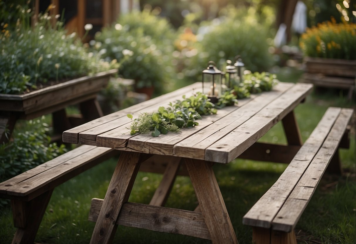 A weathered picnic table sits in a rustic garden, surrounded by reclaimed wood furniture and greenery