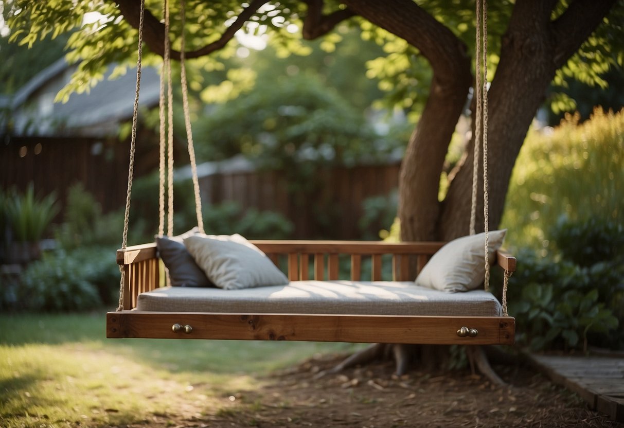 An upcycled bed frame swing hangs from a sturdy tree in a lush garden, surrounded by other repurposed furniture and creative outdoor decor