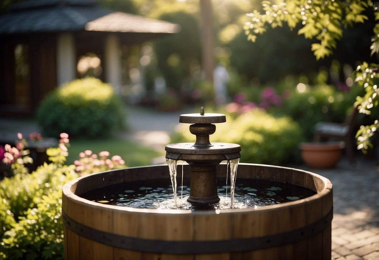 A barrel water fountain surrounded by old furniture in a lush garden setting