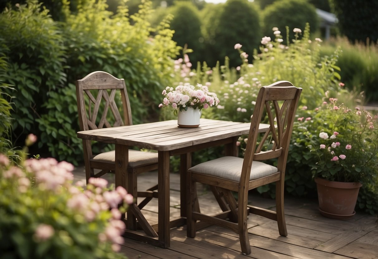 Weathered wooden chairs and tables, surrounded by overgrown vines and blooming flowers in a serene garden setting