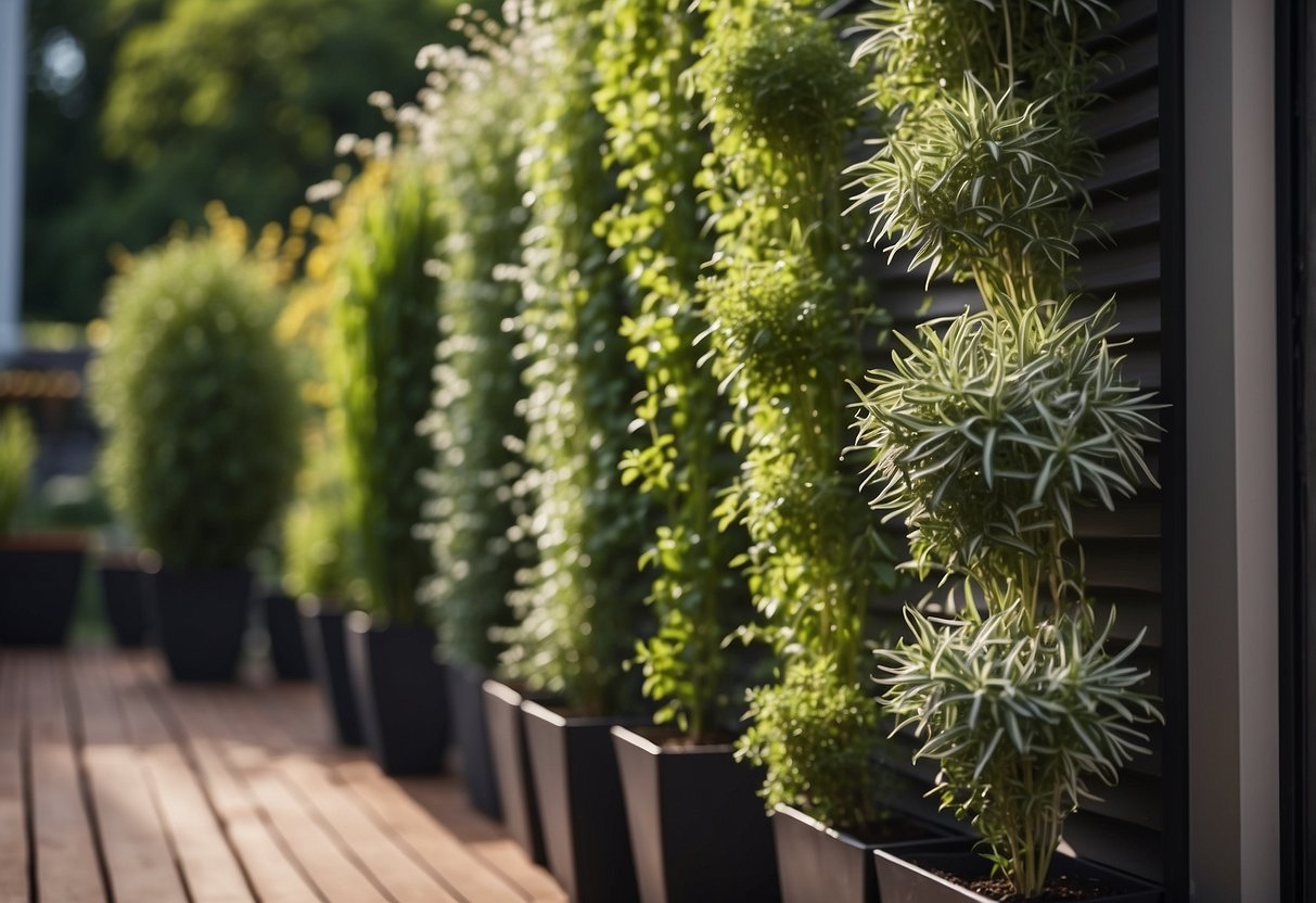 A tall, narrow herb garden attached to the side of a house, with rows of various herbs growing in vertical planters