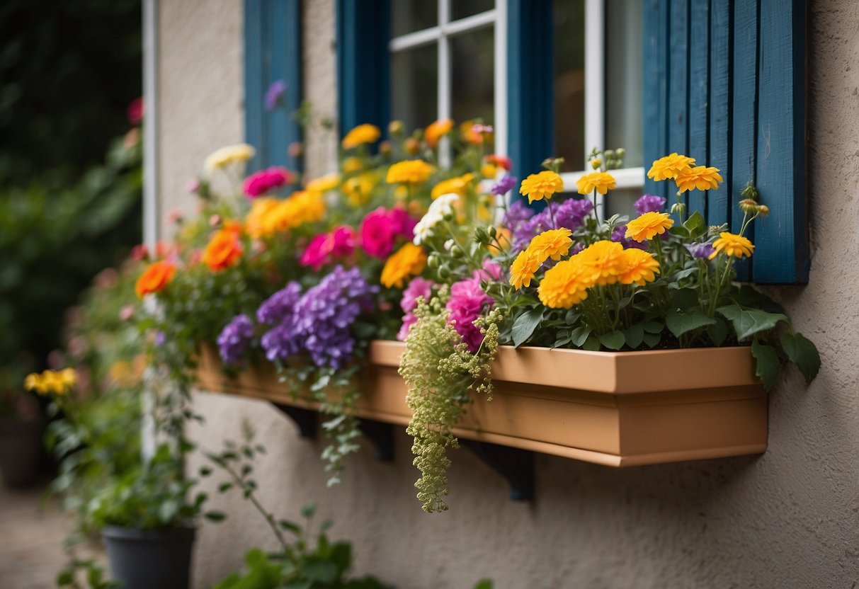 A vibrant window box overflows with a variety of colorful flowers, nestled against the side of a charming house. The garden is filled with ideas for a lively and inviting outdoor space