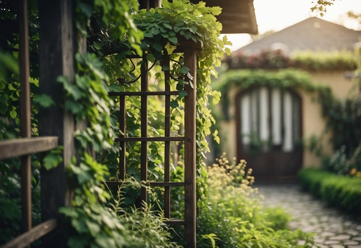 A rustic trellis stands against the side of a house, adorned with lush vines and flowers, creating a charming garden scene