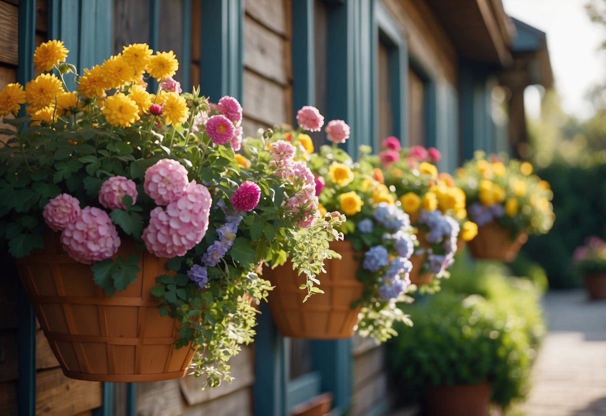 Colorful hanging flower baskets adorn the side of a cozy house, creating a charming garden display