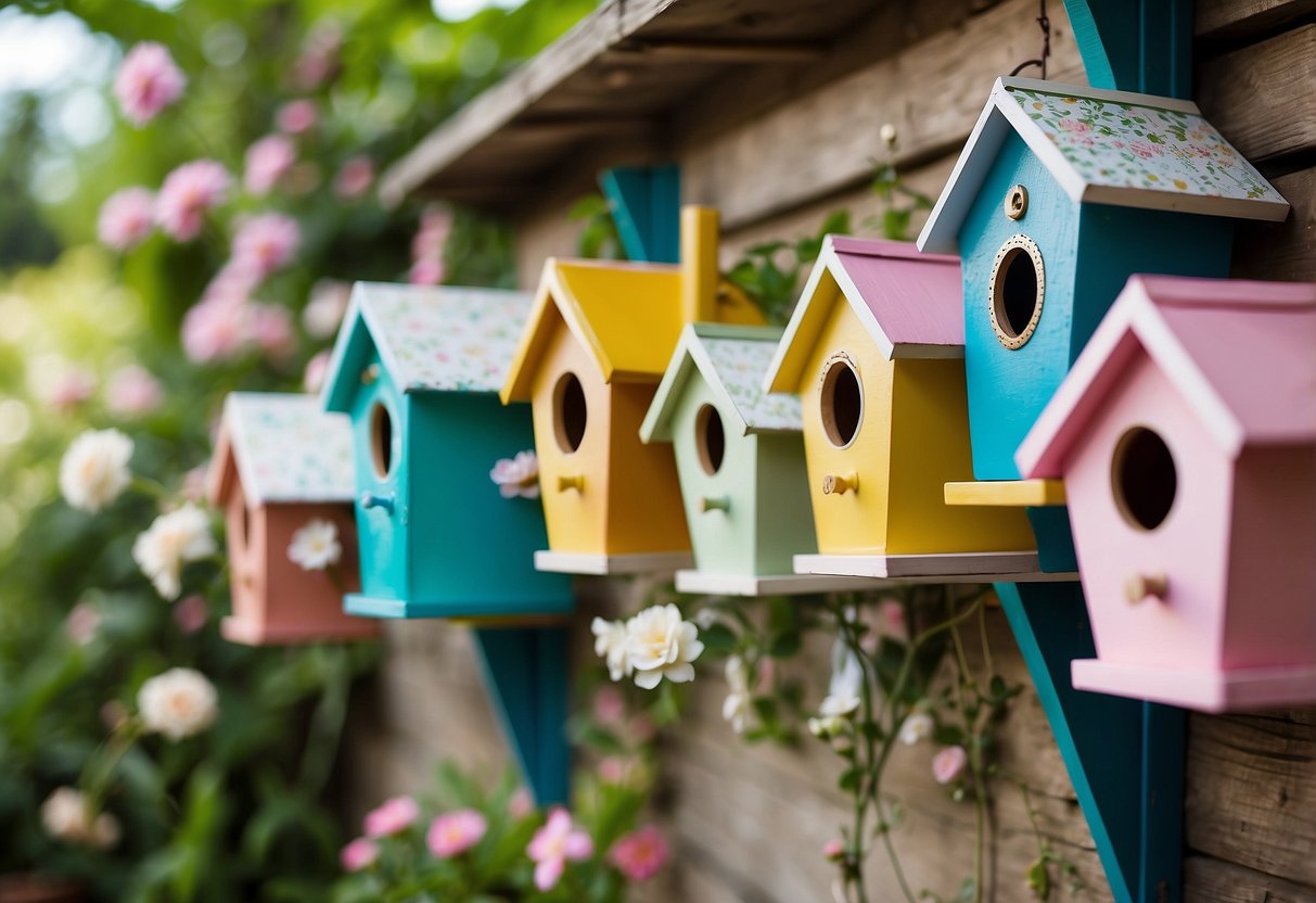 Colorful birdhouses hang from the side of a charming house, surrounded by a lush garden filled with blooming flowers and whimsical decorations