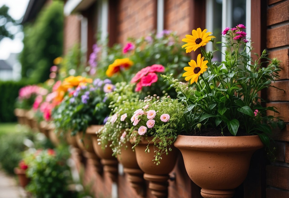 A tiered planter display cascades down the side of the house, overflowing with vibrant flowers and lush greenery, creating a beautiful and eye-catching garden feature