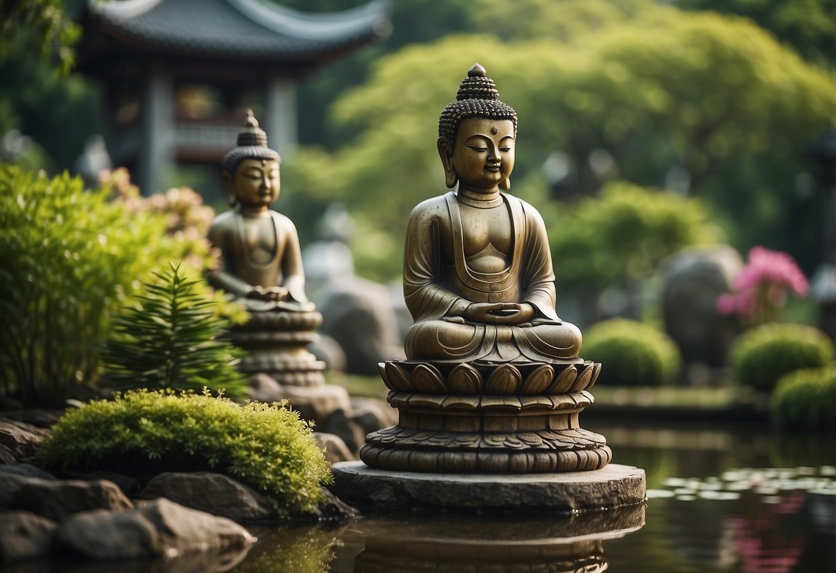 Pagoda statues surrounded by lush greenery in an Asian garden, with a peaceful pond and a bridge in the background