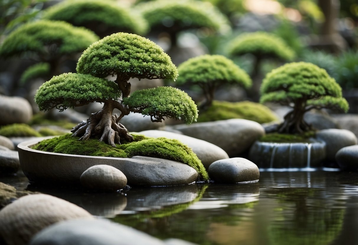 Lush green bonsai trees arranged in an Asian garden, surrounded by carefully placed rocks and a tranquil water feature