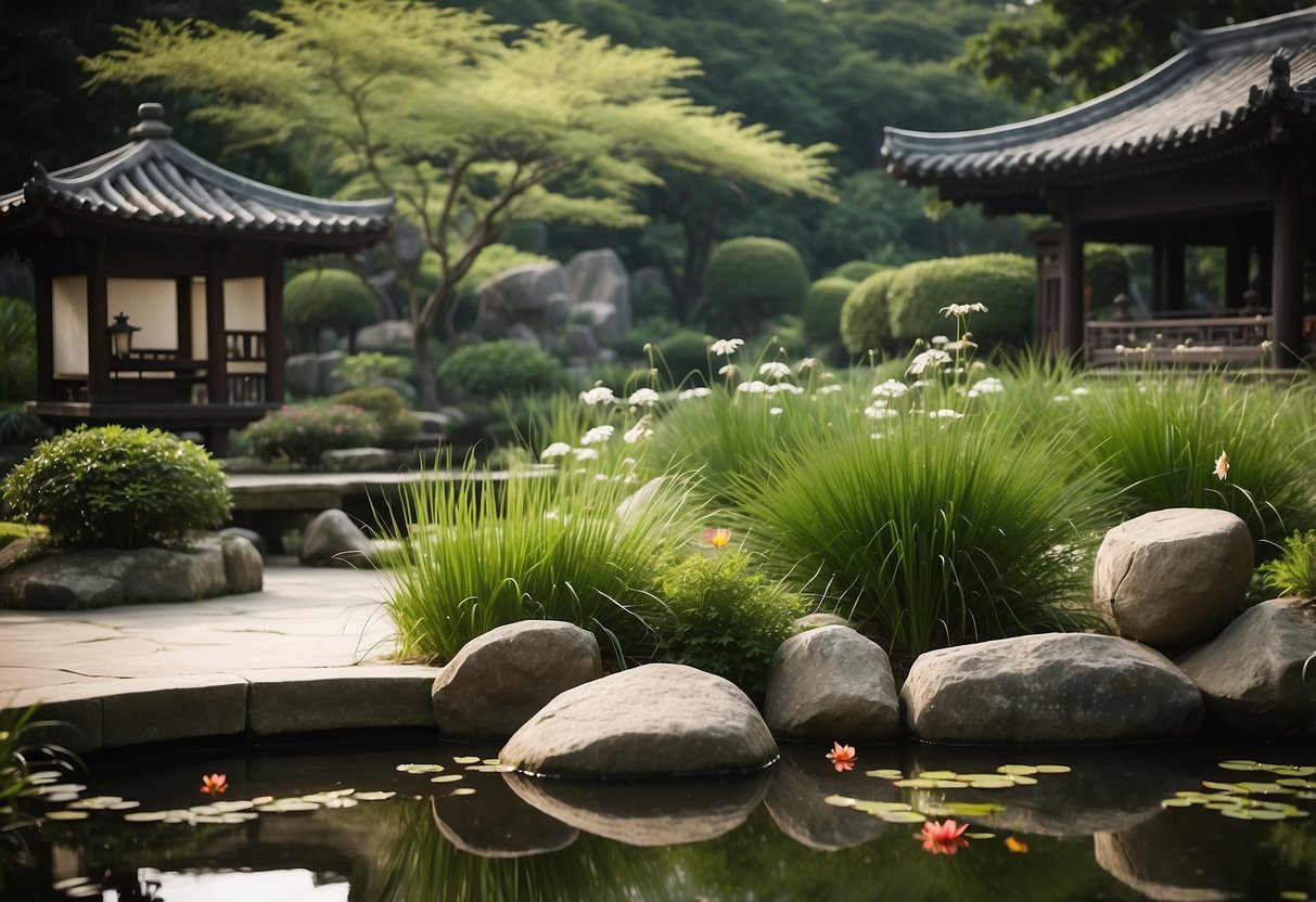 Lush green ornamental grasses sway in a tranquil Asian garden, surrounded by delicate stone lanterns and a serene koi pond