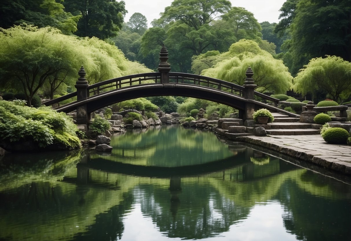 Lush greenery surrounds a serene pond with a traditional arched bridge. Pagoda-style structures and intricate stone pathways complement the peaceful ambiance