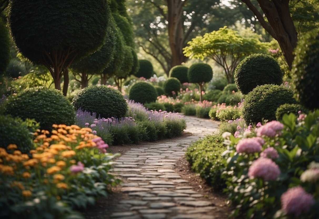 A winding stone pathway meanders through a lush garden, surrounded by vibrant flowers, towering trees, and delicate shrubs