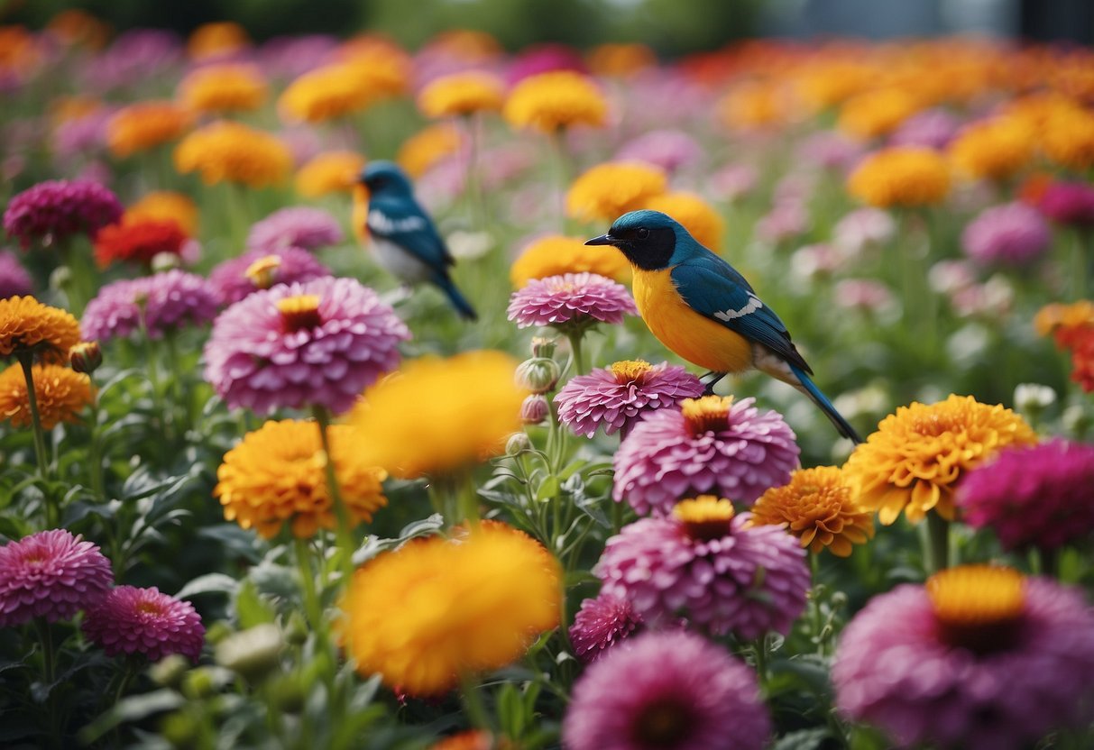 Vibrant flower beds bloom with a variety of colorful, nectar-rich flowers, attracting a multitude of birds to the garden