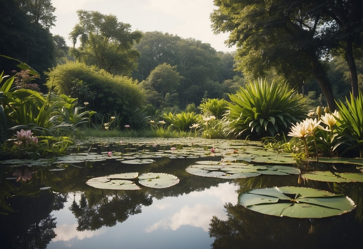 A tranquil pond surrounded by lush greenery, dotted with vibrant lily pads and teeming with life