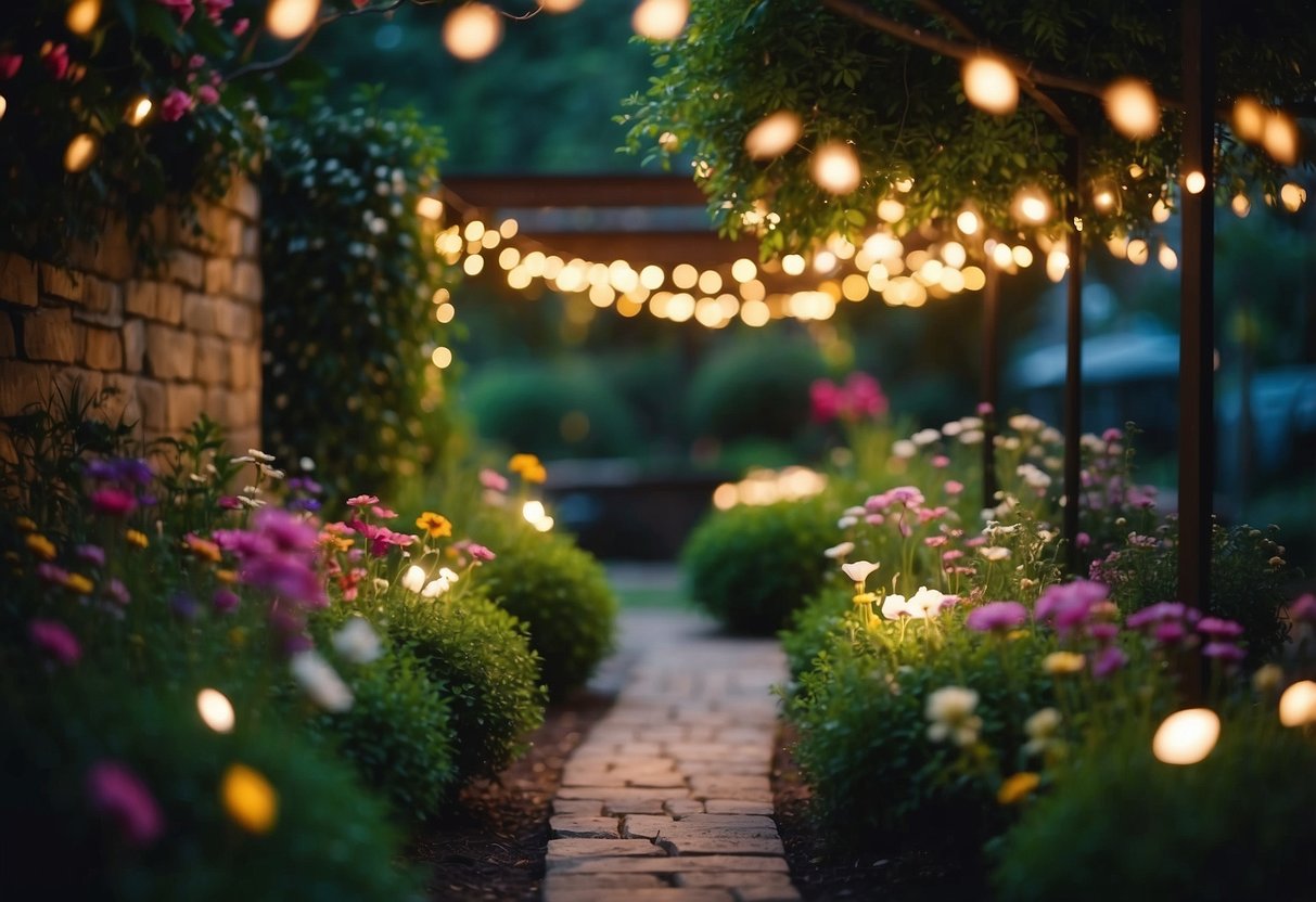 A garden with a canopy of fairy lights illuminating the lush greenery and colorful flowers