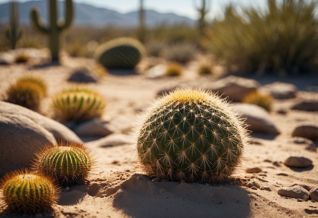 A desert landscape with various types of cacti arranged in a dry garden setting. Sand, rocks, and minimal vegetation create a serene and arid environment