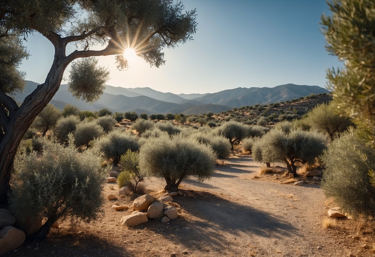 A garden filled with olive trees, surrounded by dry and rocky terrain, with a backdrop of a clear blue sky