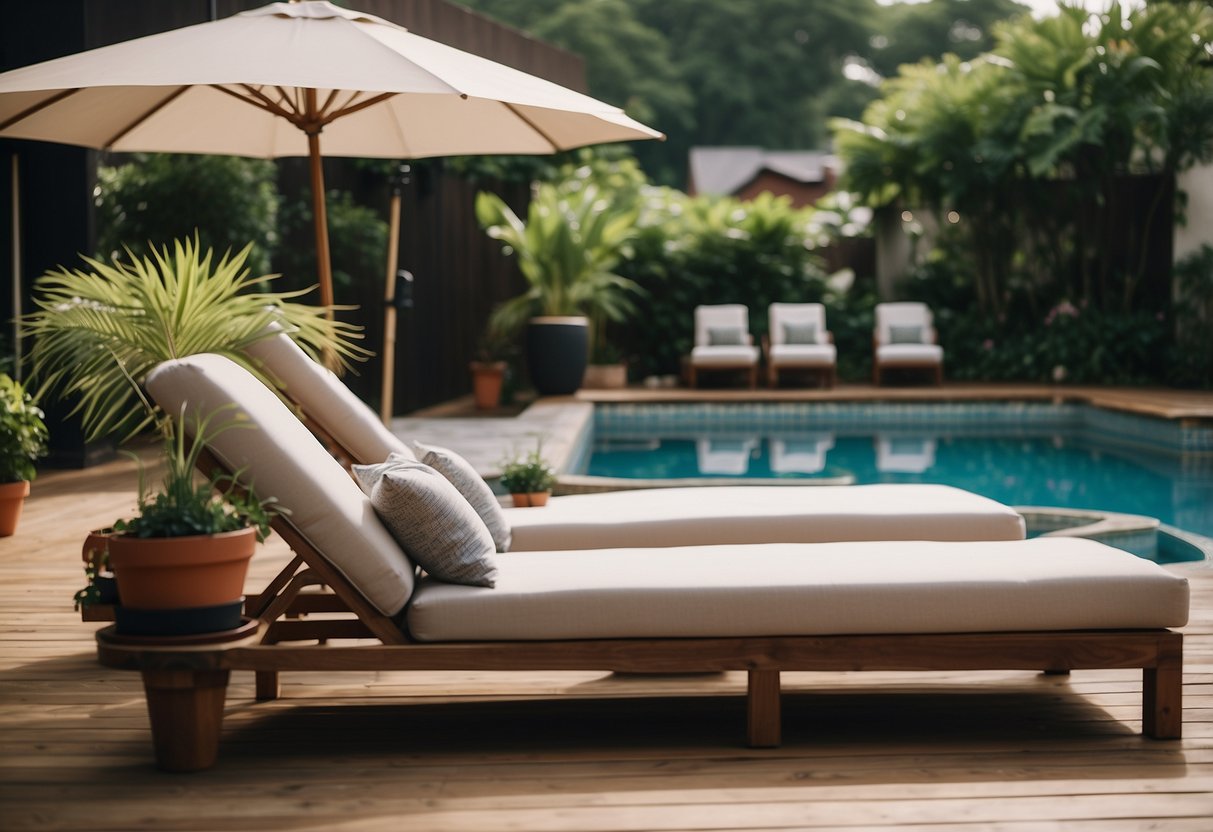 A poolside lounge area with comfortable seating, surrounded by lush greenery and potted plants. An above-ground pool is the focal point, with a wooden deck and stylish outdoor furniture creating a relaxing and inviting atmosphere