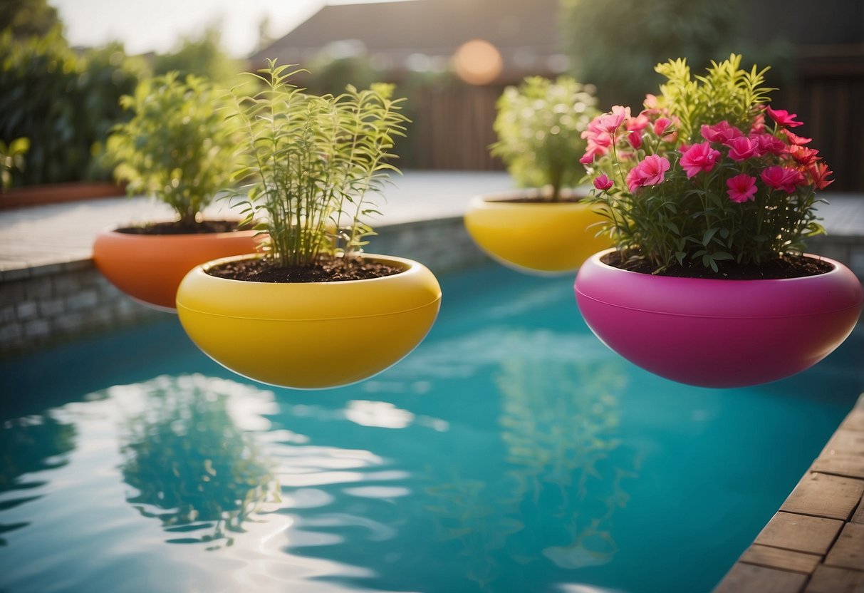 Colorful floating planters hover above a serene above-ground pool, creating a lush garden oasis