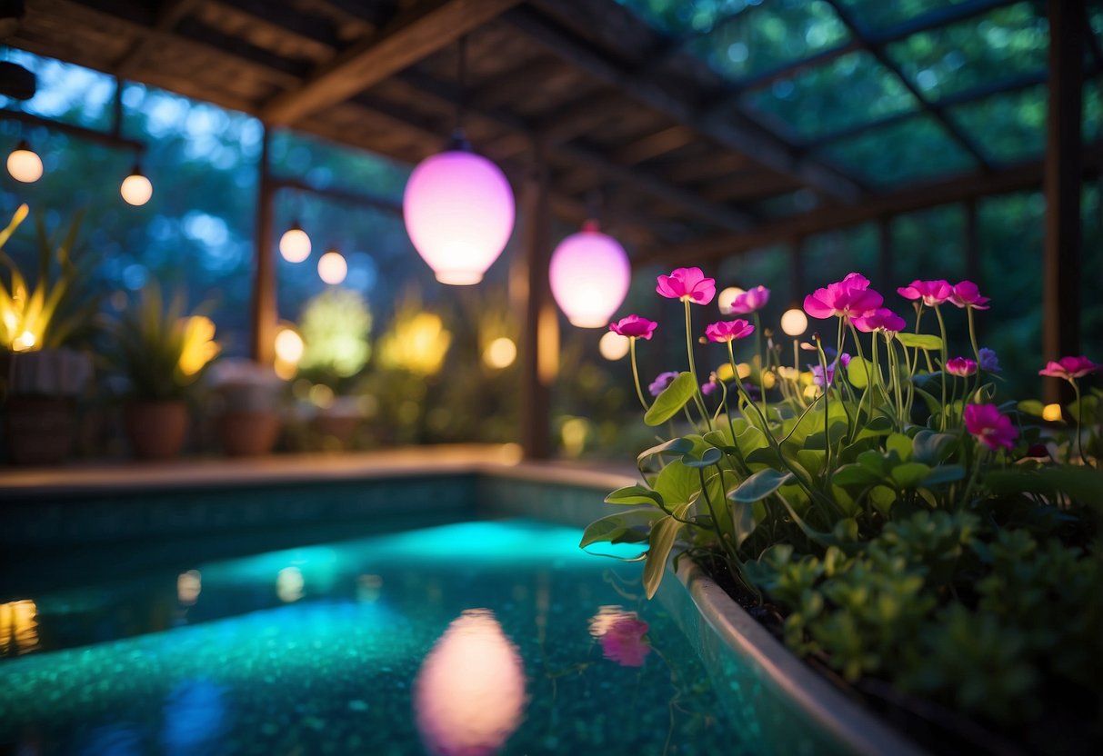 Vibrant LED lights illuminate an underwater garden in an above-ground pool, creating a mesmerizing and enchanting atmosphere