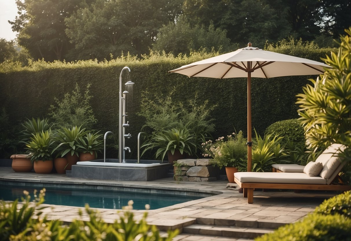 An outdoor shower station stands next to an above-ground pool in a lush garden setting, surrounded by greenery and flowers