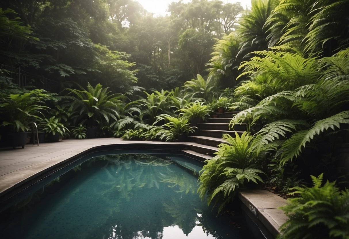 Lush ferns cascade from above, framing a tranquil garden oasis surrounding an inviting above-ground pool