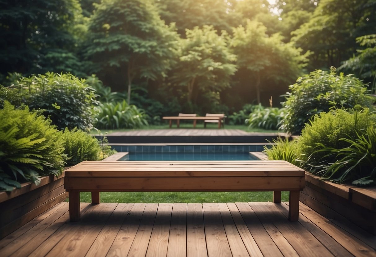 Two deck storage benches flank an above-ground pool surrounded by a lush garden